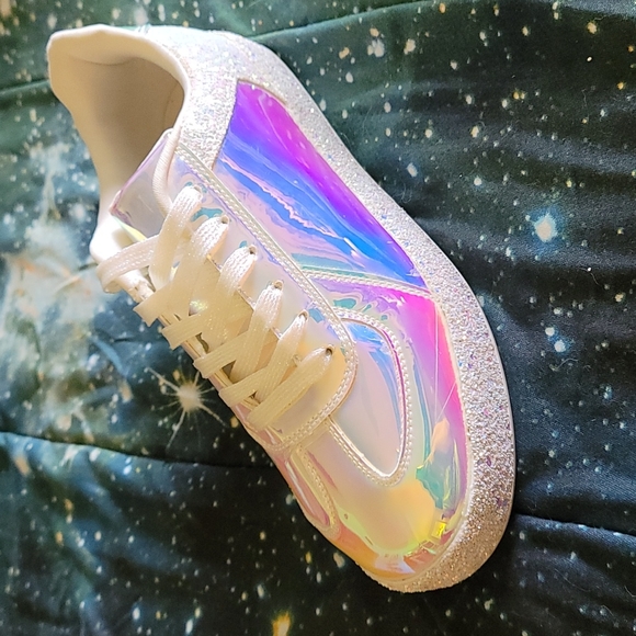 Roxy Rose Iridescent Holographic White Pink and Blue Sparkle Sneakers - Picture 2 of 3